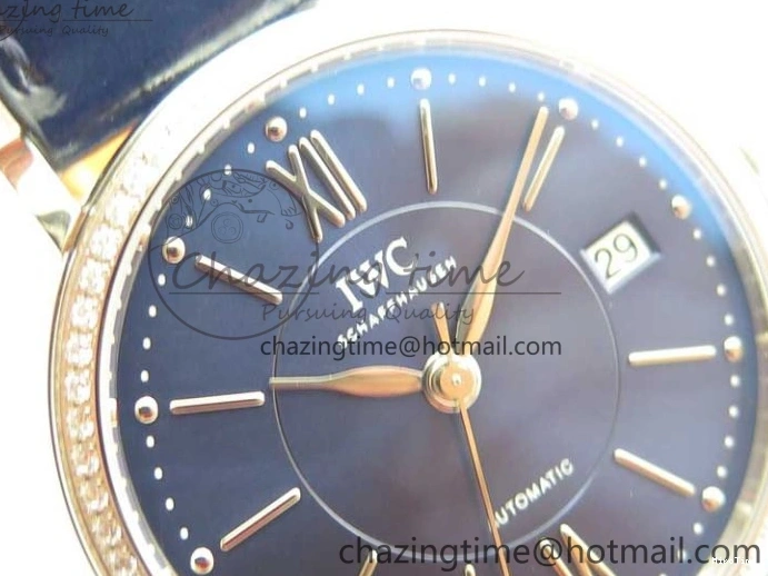 MIROTIME 1224 Portofino 37mm SS V7F 1:1 Best Edition Blue Dial Diamonds Bezel on Blue Leather Strap A Chic 7093